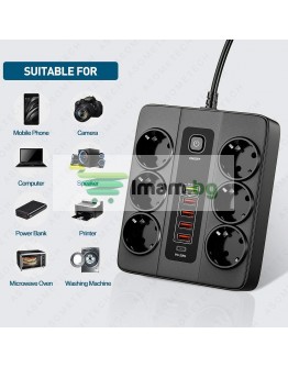 Разклонител с 6 гнезда 3.4А 4 USB Порта и 1 Type-c 3000W